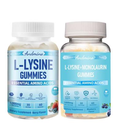 andmino L Lysine + Monolaurin Gummies 1000mg for Lips & Oral Wellness Immune Support & Collagen & Calcium for Adults & Kids Non-GMO Vegan Gluten Free Berry Flavor 60