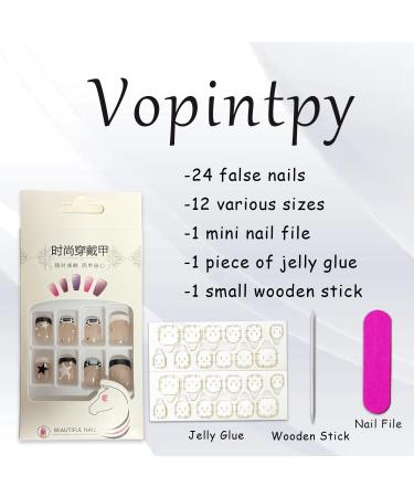 French Tip Press on Nails - Short Square Black & White Star Rhinestones | Reusable Glossy Full Cover Artificial Nails for Women - Buy Online on GoSupps.com