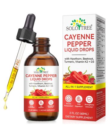 Cayenne Pepper Drops Supplement Liquid with Hawthorn Berry Vitamin D3 K2 Beet Root Powder Ceylon Cinnamon Turmeric Curcumin Gentle Formula Easily Absorbed 60ml