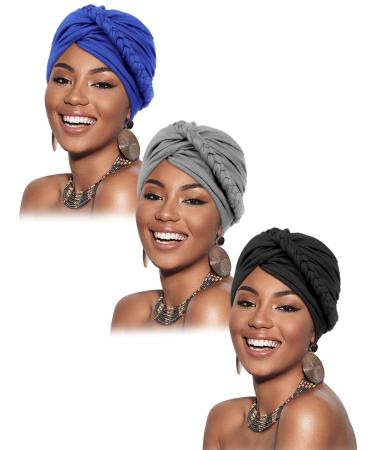 3 Pieces Head Wrap Turban Headwear Pre-Tied Twisted Braid Hair Cover Headwrap Hats for Women Girls Black, Royal Blue, Gray Classic Style
