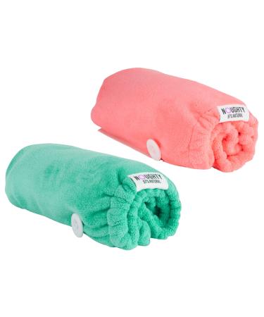 NOUGHTY 97% Natural Microfibre Hair Towels Quickly Absorbs Moisture Reduces Breakage Combats Frizz 1 x Pink 1 x Green Bundle 2 Pink & Green