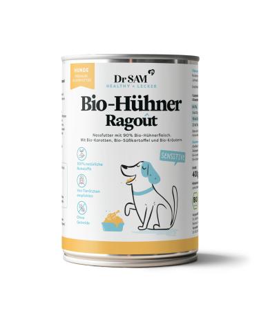 Premium wet dog food with chicken carrots and sweet potatoes