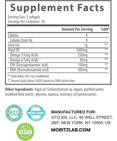 DR. MORITZ Vegan Omega-3 Softgels for Adults and Kids Made from Algae Oil with DHA EPA Small Algae Omega 3 Supplements Vegan 60 Count Vegan Omega - Soft gel 60 Count (Pack of 1) - Buy Online on GoSupps.com