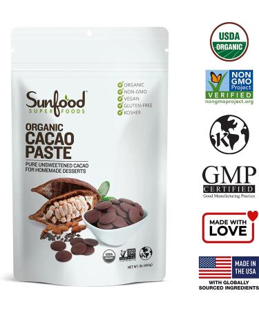 Sunfood Organic Cacao Paste 1 lb (454 g) - Premium Raw Cocoa for Baking & Smoothies - Buy Online on GoSupps.com