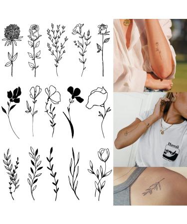 50 sheets Long Lasting Larger Flowers Temporary Tattoos for Women  Waterproof Black Tiny Wild Floral Bouquets Realistic Fake Tattoos Stickers for Girl  Rose Tattoos Paper for Adult Body Arm Sleeve Hand & Face