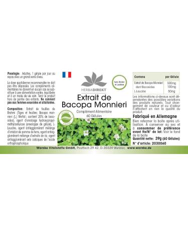Bacopa Monnieri - Extract with 20% Bacoside - 60 Capsules | herba direkt - Quality from German Pharmacies - Buy Online on GoSupps.com
