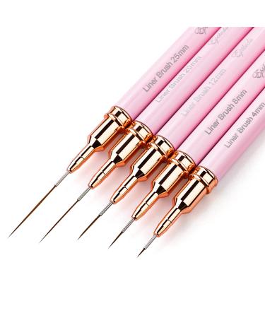 Nail Art Liner Brushes - Eptbsdu 5PC Nail Art Brush for Long Lines Liner Brush UV Gel Polish Painting Nail Design Brush Metal Handle Nail Drawing Pens Sizes 4/8/12/20/25mm Pink