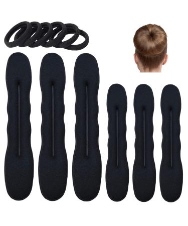 6 Pack Hair Bun Maker for Hair Donut Bun Maker Easy Magic Snap Roll Sponge Bun Donut Hair Maker for Women With Hair Ties - Black