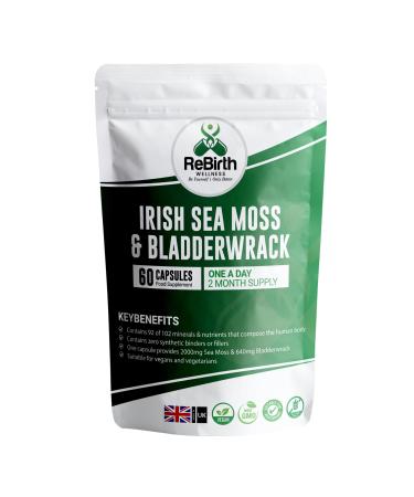 Sea Moss and Bladderwrack - 60 High Strength Capsules - 2 Month Supply - Vegan Friendly -No Synthetic Fillers or Binders - Made in The UK - Rebirth Wellness 60 Capsules