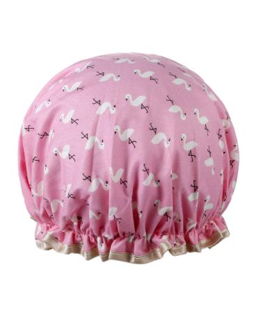Vtrem Shower Cap Lined Double Layer Waterproof Hair Bath Caps with Lace Elastic Band Lovely Pink Flamingo Pattern Reusable Bathing Hat for Women All Hair Lengths and Thicknesses Pink Flamingo Shower Cap