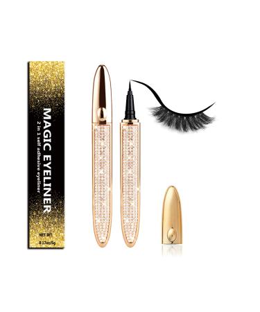 Eyelash Glue Pen Magic Self-adhesive Eyeliner,Upgraded 2 in 1 Eye Liner Pen Diamond Bling Glitter Liquid Eyeliner No Glue No Magnetic (Glitter Gold)