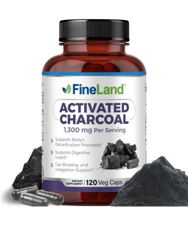 FineLand Activated Charcoal 1300mg - Advanced Digestive Detox Cleanse Helps with Gas and Bloating Circulation & Cholesteroal Support - Made in USA 120 Vegan Pills