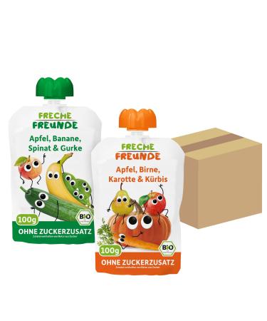 SCHWEISTRE FRIENDS BIO Quetschie 6x apple banana spinach & cucumber 6x apple pear carrot & pumpkin fruit muse in a squeeze bag for children & babies from 6 months vegan 2x 6 -pack (12 x 100g) vegetables bundle 100 g (12 pack)