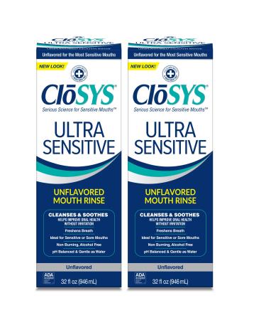 CloSYS Ultra Sensitive Mouthwash, 32 Ounce (Pack of 2), Unflavored (Optional Flavor Dropper Included), Alcohol Free, Dye Free, pH Balanced, Helps Soothe Entire Mouth 32 Fl Oz (Pack of 2)