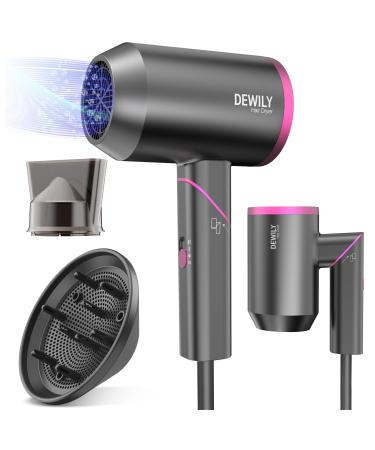 Hair Dryer Travel Hairdryers for Women Men-DEWILY Powerful Foldable Ironic Hair Dryers for Curly Hair and Straight Hair Small Blow Dryer for Women Men Fast Drying Grey/Rose-2 Nozzle