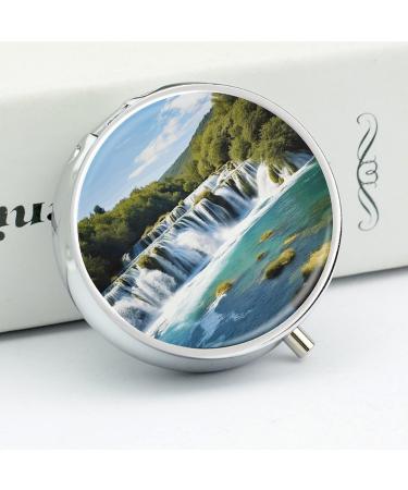 Round Pill Box - Krka River Waterfalls Print | 3 Compartment Medicine Organizer | Decorative Portable Pocket Pill Case - Buy Online on GoSupps.com