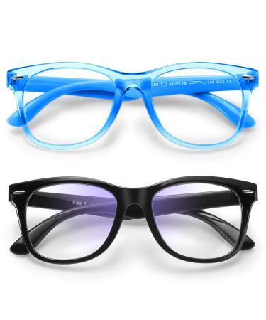 Zasun Kids Blue Light Blocking Glasses 2 Pack,UV Protection & Anti Eyestrain Computer Glasses for Kids Age 3-12. Black +Transparent Blue