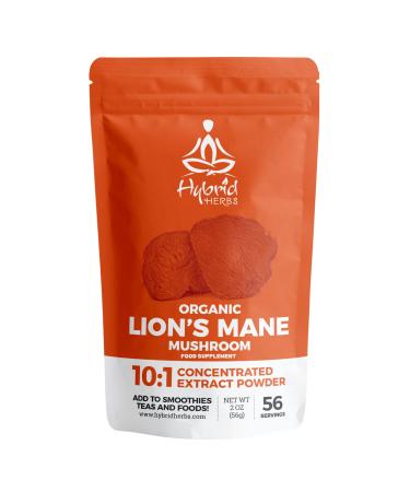 HYBRID HERBS ORGANIC LIONS MANE MUSHROOM | 10:1 Extract Powder Lion s Mane | Natural Nootropic Supplement for Focus Concentration Cognitive Brain Boost | Hericium Erinaceus | 56 Servings (56g)