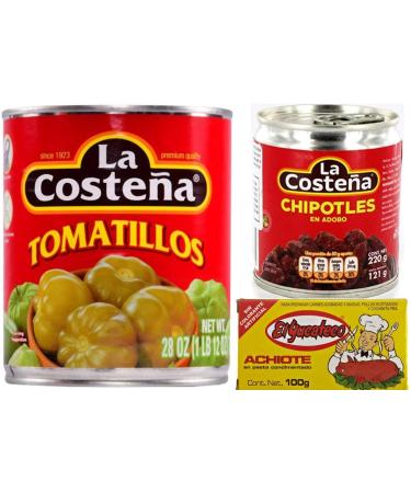 Mexican Food Set - La Coste a Chipotle Tomatillos 794g La Coste a Chipotle Chilies in Adobo Sauce 220g and El Yucateco Achiote Paste 100 g