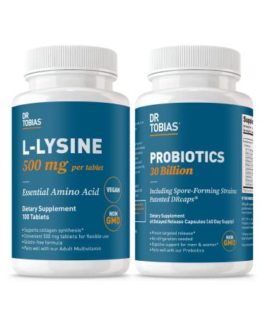 Dr. Tobias L Lysine 500 mg Tablets + Probiotics 30 Billion CFU (10 Strains) Essential Amino Acid for Skin Health + Shelf Stable Daily Probiotic for Gut Flora & Digestive Wellness