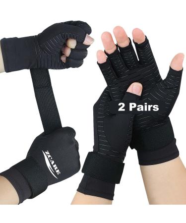 2 Pairs Copper Arthritis Gloves with Adjustable Wrist Strap for Women & Men for Pain, Fingerless Compression Gloves for Arthritis,Carpal Tunnel,RSI,Swelling,Rheumatoid & Typing (Small/Medium, Black) Small/Medium Black