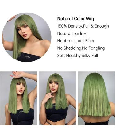 Pretfy Green Wig for Women 16 Natural Middle Length Straight Wig with Hair Bangs - Grass Green Wig for Cosplay & Halloween - Heat Resistant Synthetic Hair - Short-2 (Green) - Buy Online on GoSupps.com