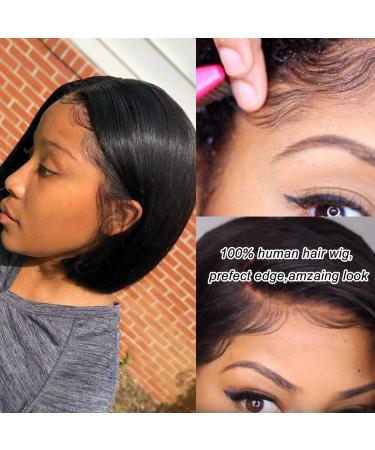 Short Straight Bob Human Hair Wig 8 Inch - Brazilian Virgin Lace Front Wig for Black Women with Baby Hair - Natural Black - Pre Plucked - 13x4 Frontal Wig - Buy Online on GoSupps.com
