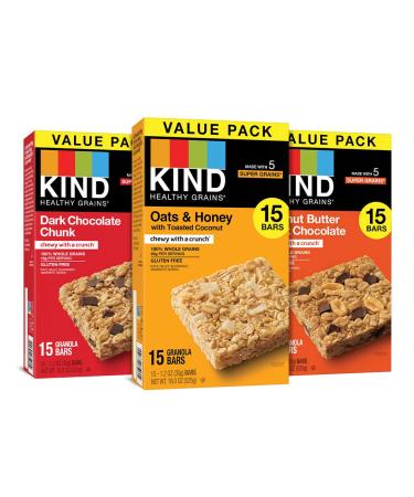 KIND Healthy Grains Bars Variety Pack Dark Chocolate Chunk Oats & Honey Peanut Butter Dark Chocolate Healthy Snacks Gluten Free 45 Count