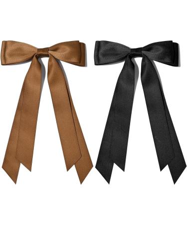 2PCS Silky Satin Hair Bows Hair Clip Black Hair Ribbon Ponytail Holder Accessories Slides Metal Clips Hair Bow for Women Girls Toddlers Teens Kids (Black+Coffee) - Buy Online on GoSupps.com