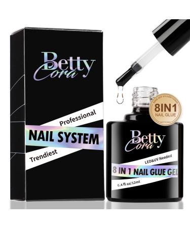 8 in 1 Gel Nail Glue  BettyCora Gel Glue for Nails Super Strong Nail Glue for Acrylic Nails  12ML Brush On Nail Glue Base Gel  Slip Solution  Strengthener  Nail Extension UV Nail Glue  Curing Needed A0-Gel Nail Glue