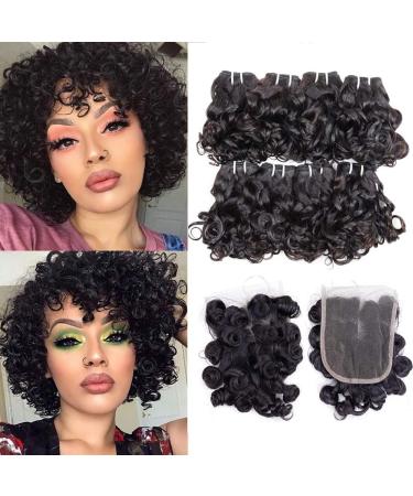 Peruvian Curly Hair Bundles Short Bob Curly Human Hair Bundles with Closure 10A Ocean Weave 8 Bundles with 4x4 Closure(8 8 8 8 8 8 8 8+8)25g/Bundle Peruvian Virgin Human Hair Bundles Natural Color 8 8 8 8 8...
