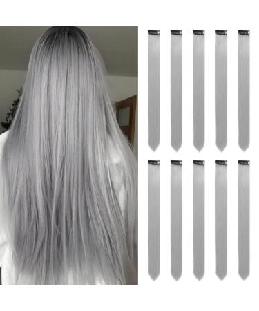 Grey Hair Extensions Clip In for Girls 22 Inch Colorful Straight Hair Extensions for Party Highlights Colored Hair Accessories Hair Pieces for Women(10 PCS Grey) 10pcs-Grey