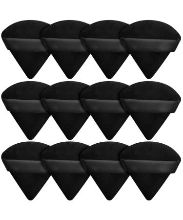 BLMHTWO 12 Pieces Powder Puff, Triangle Powder Puff Powder Puff Face Triangle with Strap Cotton Wet and Dry Dual-Use Thicken Elastic Powder Puffs for Pressed Powder Loose Powder Setting Powder, Black