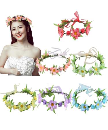 6Pcs Adjustable Floral Headbands with Elastic Ribbon Flowers Crown Garland Women Girls Teens Headpiece for Party Wedding Beach Festival Multicoloured