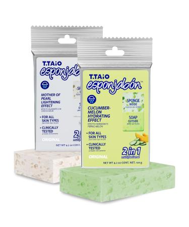 T.Taio Esponjabon Mother of Pearl & Cucumber Melon Soap Sponges — Shower Scrubbers That Remove Oil & Dirt — Sponges to Scrub Foot, Elbow, & Face — Bathroom Accessories — Fresh Scent (2-Pack) Mother of Pearl and Cucumber & …