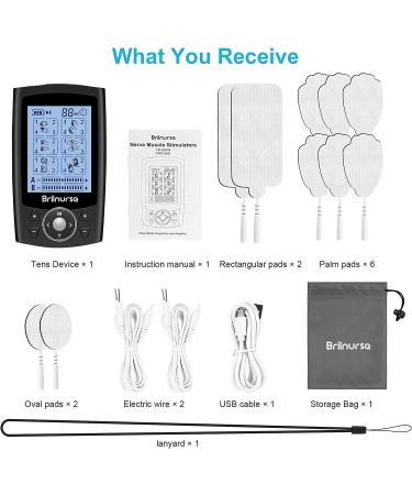Brilnurse Dual Channel TENS EMS Unit - 24 Modes Muscle Stimulator for Pain Relief | Rechargeable | 10 Pads & Storage Pouch | Black - Buy Online on GoSupps.com