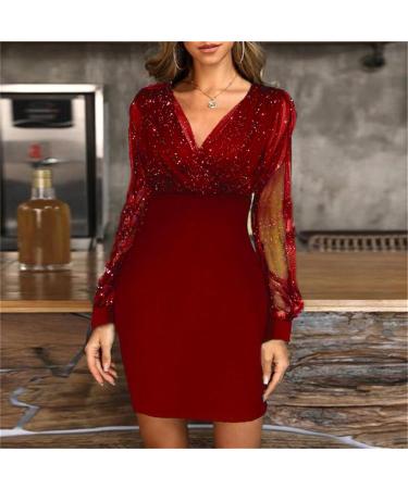 Shop Hanxiulin Womens Evening Dress - Festive Long Sleeve Mini Dress with Sequins for Christmas - Red Etuik Dress for Ladies - Buy Online on GoSupps.com