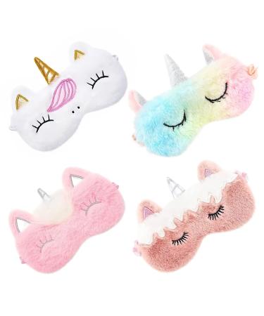 Sleep Mask Sleep Mask for Kids Plush Sleeping Eye Cover 4 Pieces Cute Sleep Mask Soft Plush Blindfold Cute for Kids Teens Girls Women (Unicorn Rainbow) Multi-colored