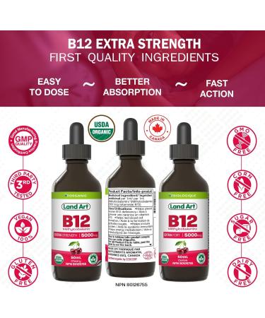 Certified Organic Vitamin B12 5000mcg Drops Methylcobalamin 50 Servings Land Art - Vegan - Sugar Free Maximum Absorption Made in Canada - Buy Online on GoSupps.com