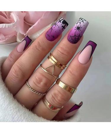 Halloween Press on Nails Medium Square Halloween Fake Nails Purple False Nails Spider Web and Spider Pattern French Tip Nails for Women and Girls 24 Pcs Style 9