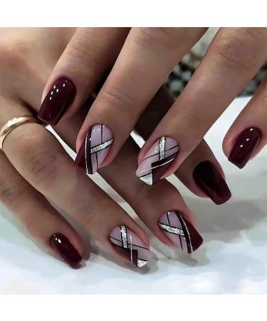 Press on Nails Medium Square Artificial Nails Dark Red Fake Press on Nails Holiday False Nails Girls Fake Nail with Geometric Pattern Glitter Full Cover Nails