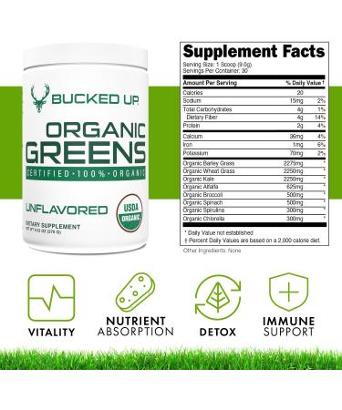 Greens Superfood Powder Unflavored | 8 Most Essential Mixed Greens | Certified 100% Organic | Chlorella Spinach Kale Spirulina Alfalfa Broccoli Wheat Grass & Barley Grass | 30 SERV | 9.52 OZ - Buy Online on GoSupps.com
