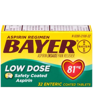Aspirin Regimen Bayer 81mg Enteric Coated Tablets, #1 Doctor Recommended Aspirin Brand, Pain Reliever, 32 Count