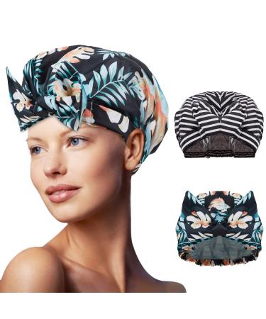 TRENDYSUPPLY Shower Cap for Women 2 Pack Luxury Fashionable Resuable Waterproof. Adjustable shower caps for Long Hair Braids Dreadlocks (Leaf + Stripe)