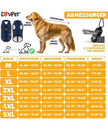 Lovpet Dog Jacket & Coat - 45 Feces Bags Included | Waterproof Padded Winter Vest with Reflectors & D-Ring | 2XL Navy Blue - Buy Online on GoSupps.com
