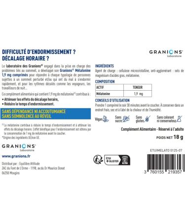 GRANIONS Melatonine 1 9 mg - 30 comprim s -1 mois - Compl ment alimentaire sommeil - Endormissement plus rapide - Sans accoutumance - Melatonine comprim s - Jet Lag - Sans sucre - Fabriqu en France 30 unit (Lot de 1) - Buy Online on GoSupps.com