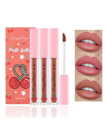 3PCS Matte Nude Lipstick Set Liquid Lipstick Lip Gloss Set Matte Velvety Lip Stick High Pigmented Lip Tint Lip Stain Set for Daily Makeups - Set C