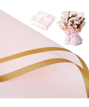 Pink Flower Wrapping Paper Bouquet with Gold Border Design Korean Paper Style Bouquet Wrapping Paper Waterproof Bouquet Paper Gift Wrap Floral Wrapping Paper Papel Para Flores Flower Bouquet Wrap Flower Wrap Paper for Diy Making Gift Packages for Mother's