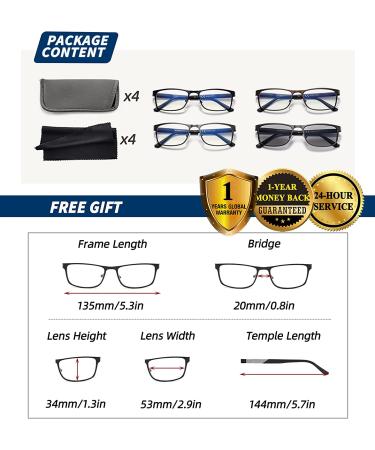 4 Pack Blue Light Blocking Reading Glasses for Men - Reduce Eyestrain & Headache - Magnification Strength 2.00 - Flexible Spring Hinge - Includes 1 Sun Reader - 4 Mixed Colors - Buy Online on GoSupps.com