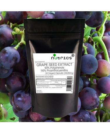 Nutrics 54 000mg per capsule Grape Seed Extract Grapeseed 120:1 95% OPC 30 Capsules (1 Month Supply) | Made in UK | Suitable for Vegan Vegetarian Halal Kosher